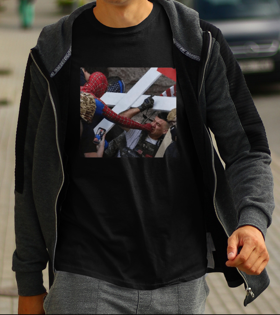 Spiderman Punching Man Holding Cross And Flag Image T-Shirt