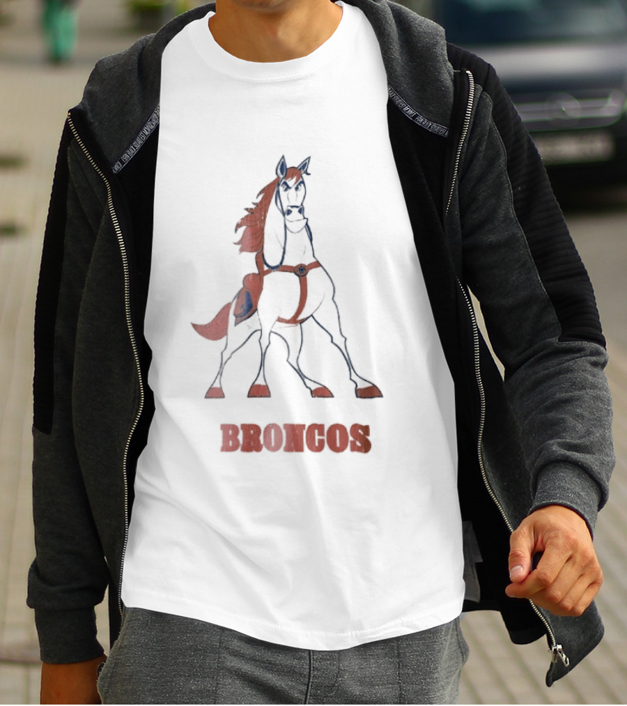 Denver Broncos Cartoon White Horse Orange Mane Harness Broncos T-Shirt