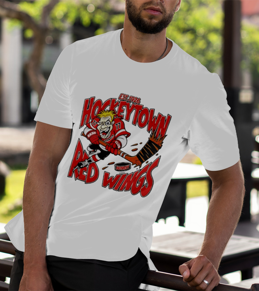 Detroit Red Wings Hockeytown Est. 1926 Vintage Cartoon Player With Flaming Hockey Stick T-Shirt