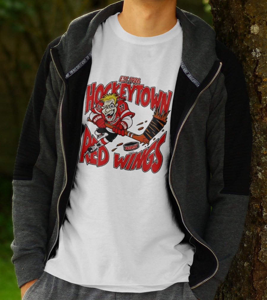 Detroit Red Wings Hockeytown Est. 1926 Vintage Cartoon Player With Flaming Hockey Stick T-Shirt