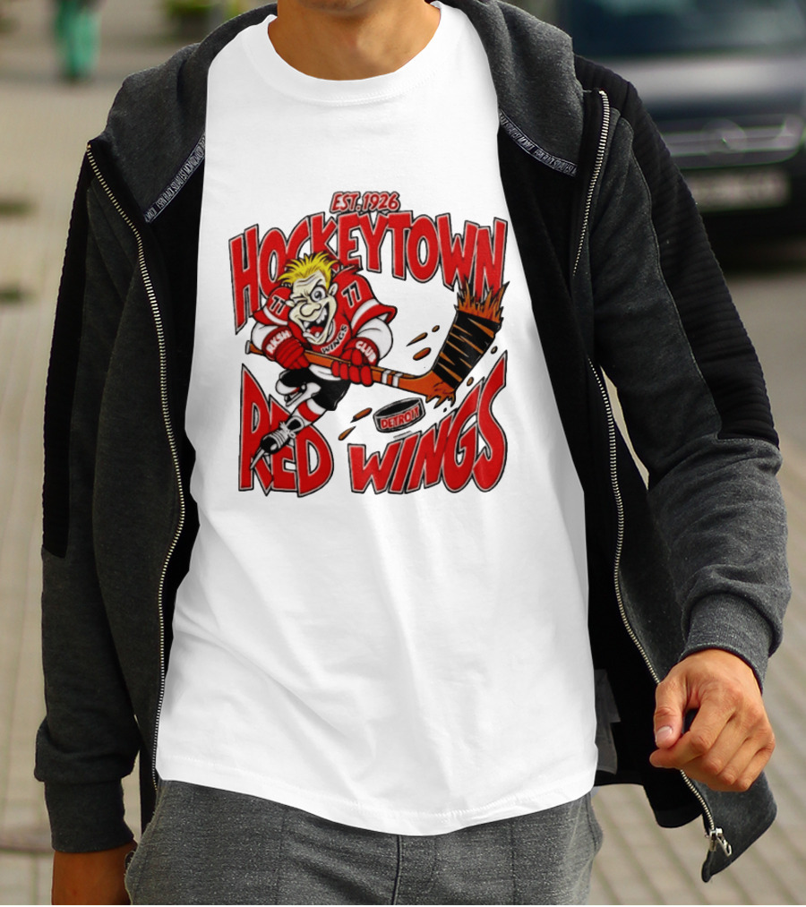 Detroit Red Wings Hockeytown Est. 1926 Vintage Cartoon Player With Flaming Hockey Stick T-Shirt