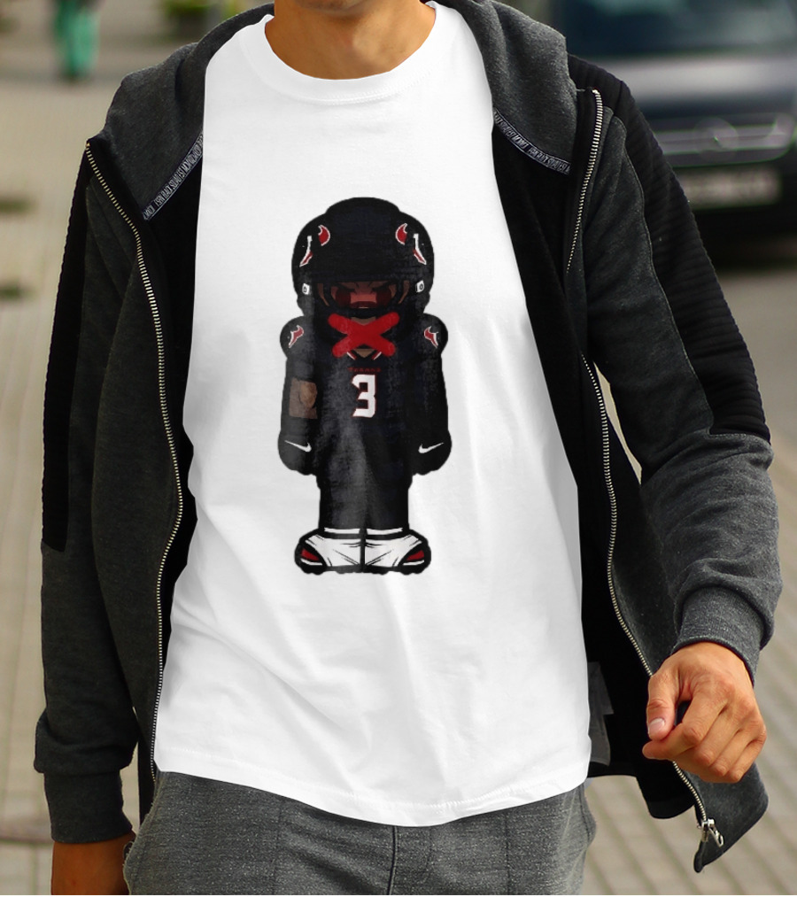 Houston Texans Cartoon Caricature Player Jersey Number 3 Red X Mouth T-Shirt