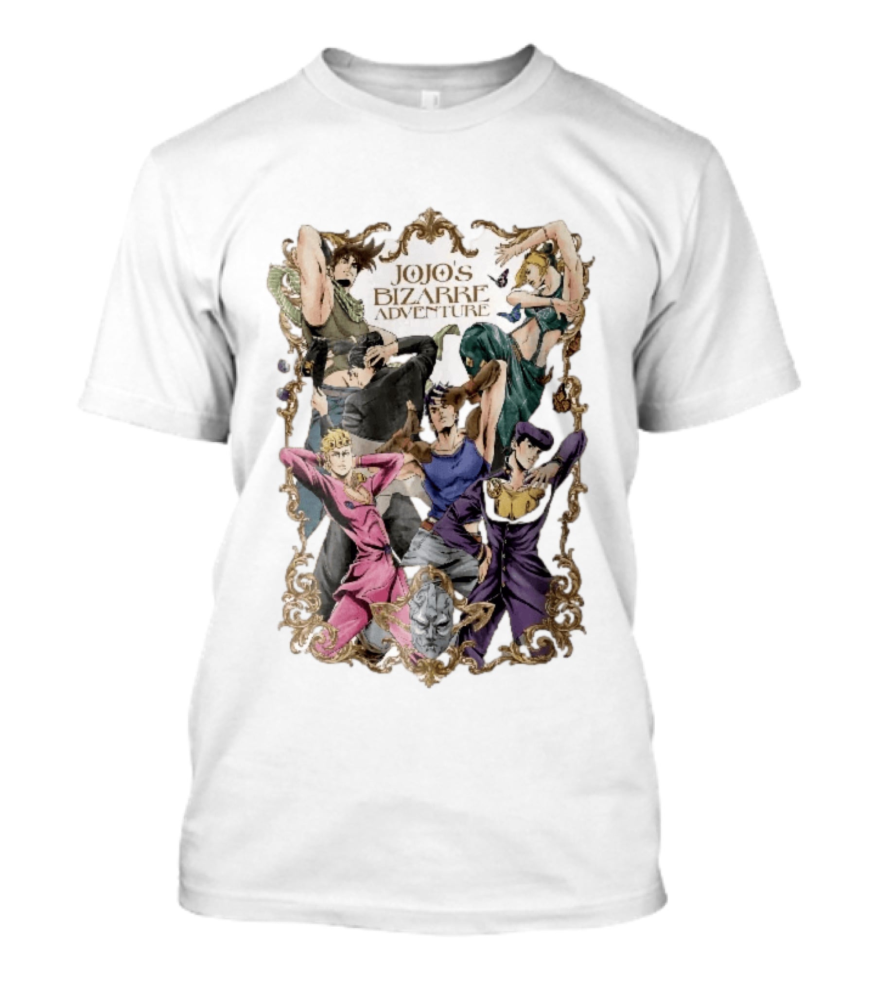 JoJo's Bizarre Adventure Characters Posing In Ornate Gold Frame With Stone Mask T-Shirt