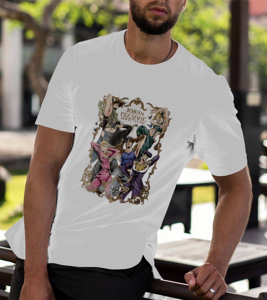 JoJo's Bizarre Adventure Characters Posing In Ornate Gold Frame With Stone Mask T-Shirt