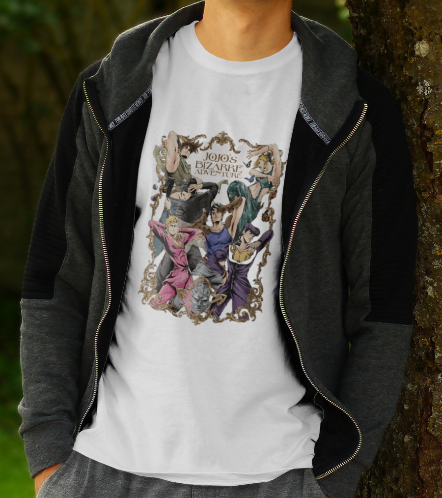 JoJo's Bizarre Adventure Characters Posing In Ornate Gold Frame With Stone Mask T-Shirt