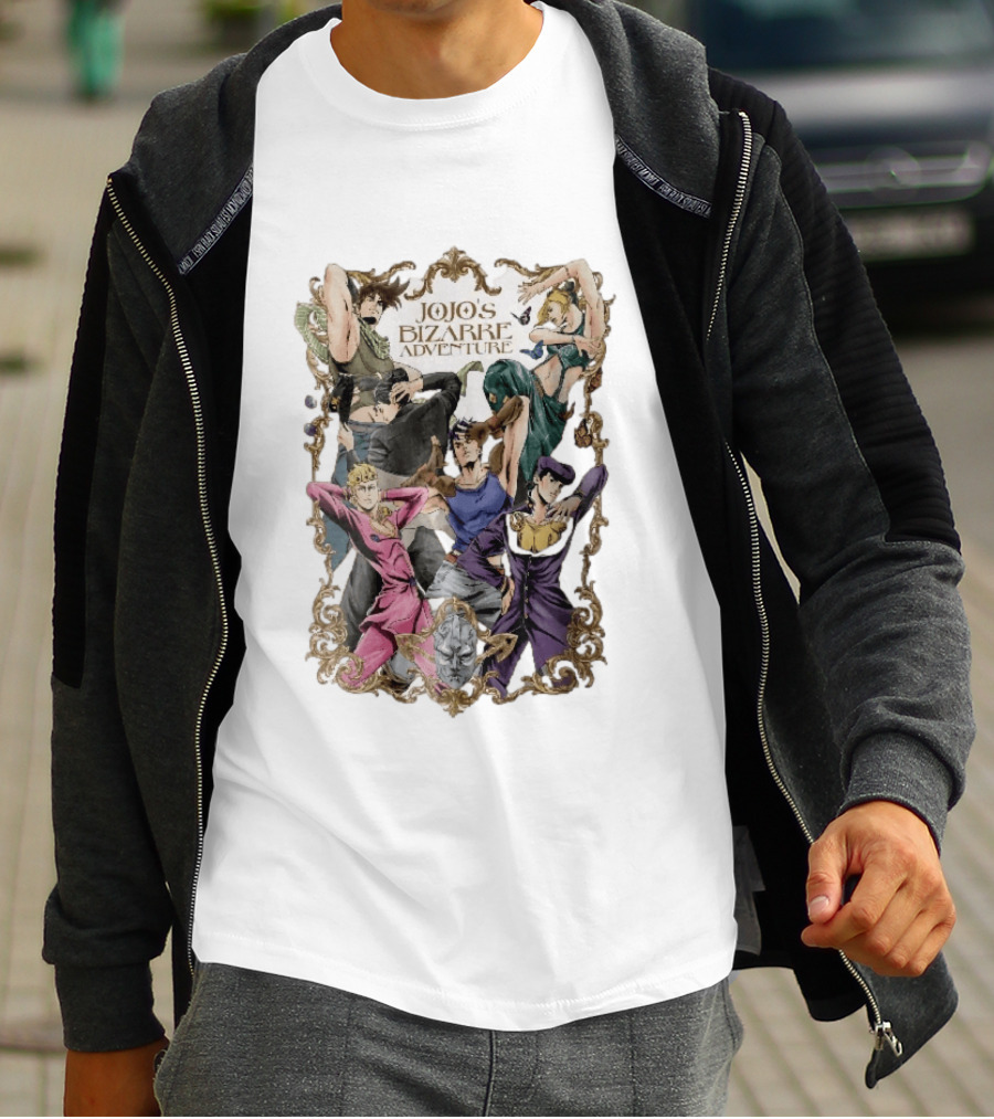 JoJo's Bizarre Adventure Characters Posing In Ornate Gold Frame With Stone Mask T-Shirt