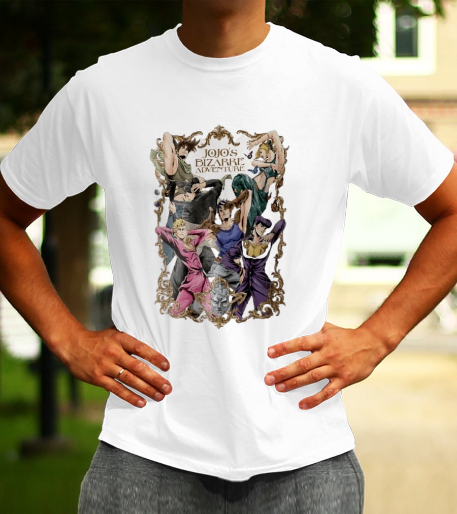 JoJo's Bizarre Adventure Characters Posing In Ornate Gold Frame With Stone Mask T-Shirt