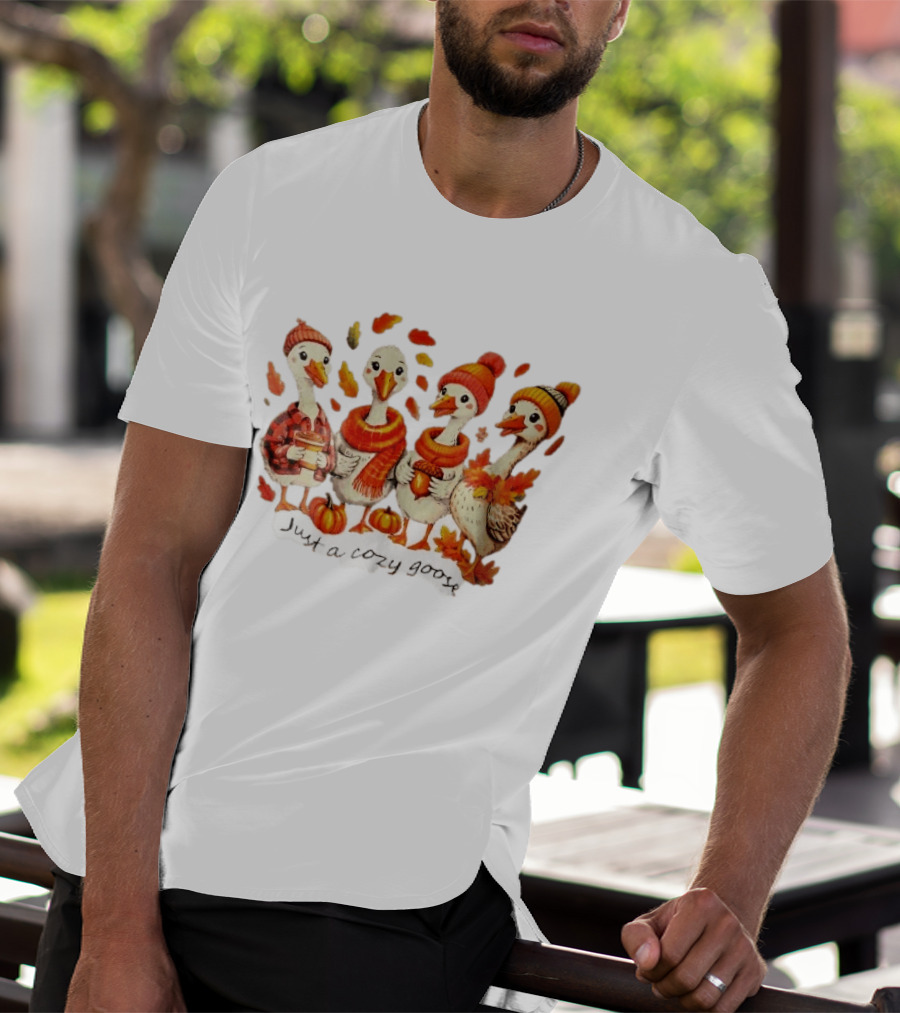 Cozy Goose Autumn Theme Four Cartoon Birds Leaves Pumpkins T-Shirt