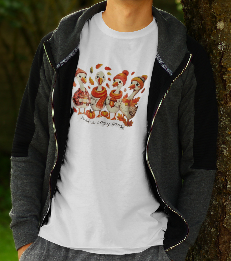 Cozy Goose Autumn Theme Four Cartoon Birds Leaves Pumpkins T-Shirt