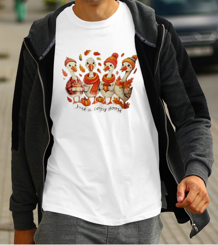 Cozy Goose Autumn Theme Four Cartoon Birds Leaves Pumpkins T-Shirt