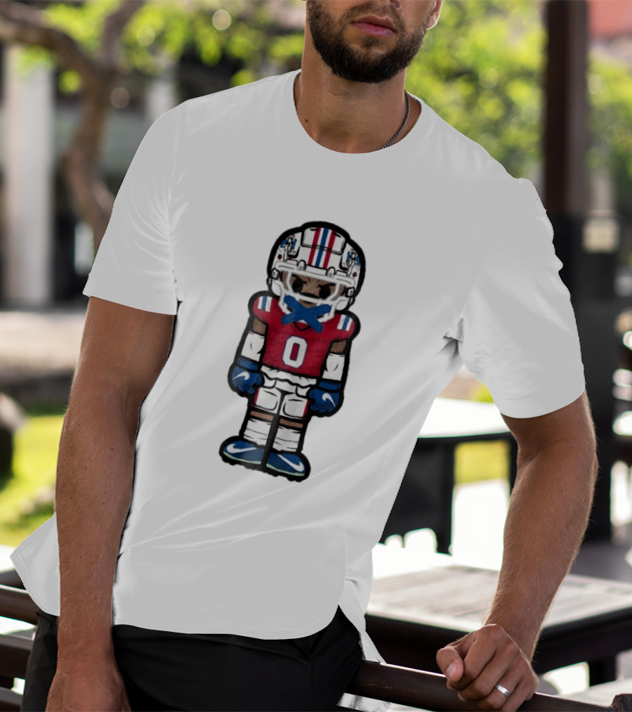 New England Patriots Cartoon Caricature Football Player Red Jersey Number 0 Helmet And Gloves T-Shirt