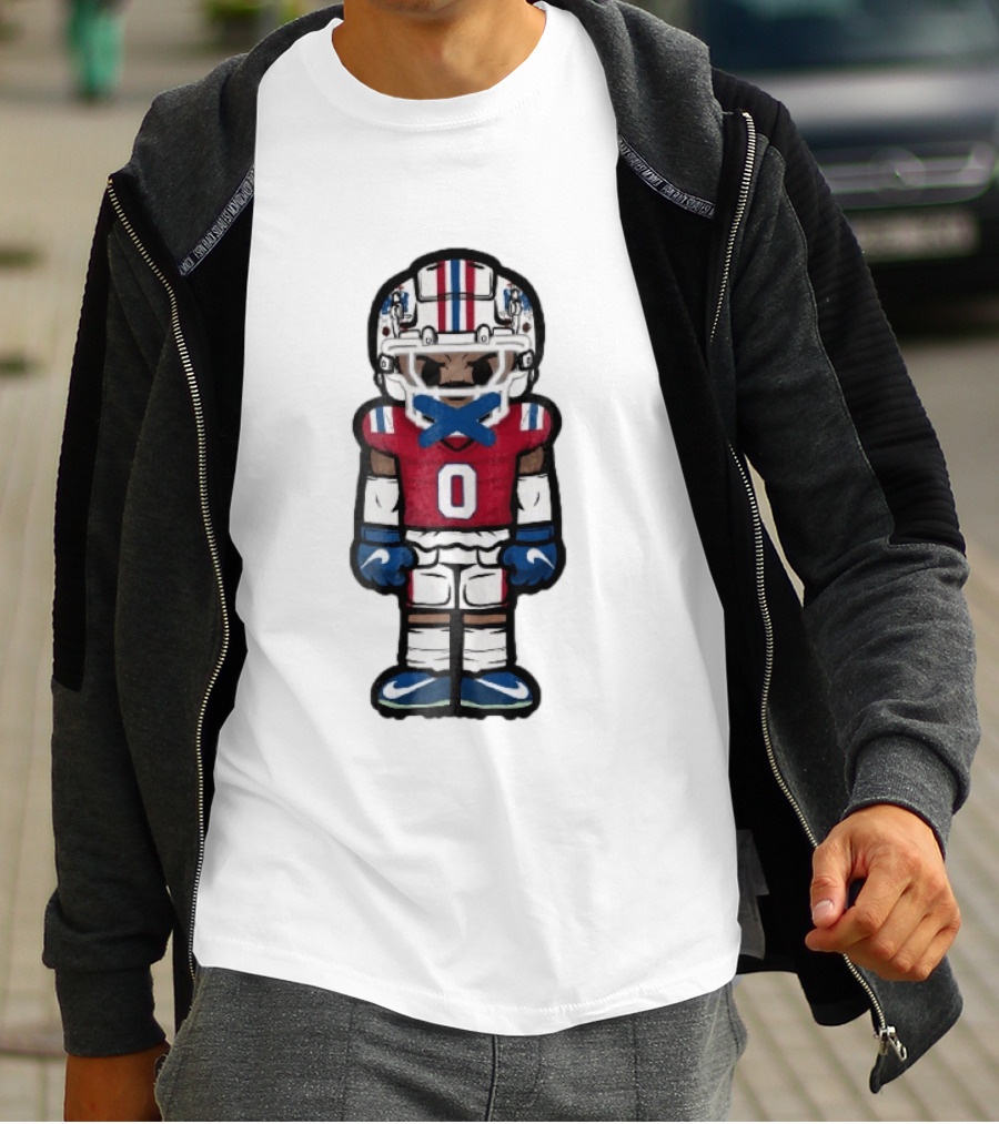 New England Patriots Cartoon Caricature Football Player Red Jersey Number 0 Helmet And Gloves T-Shirt