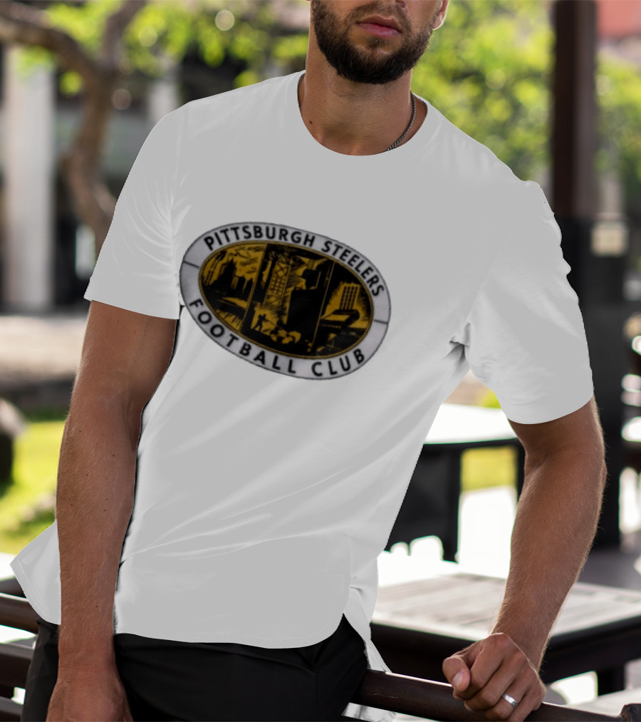 Pittsburgh Steelers Football Club Distressed Oval Emblem Cityscape T-Shirt