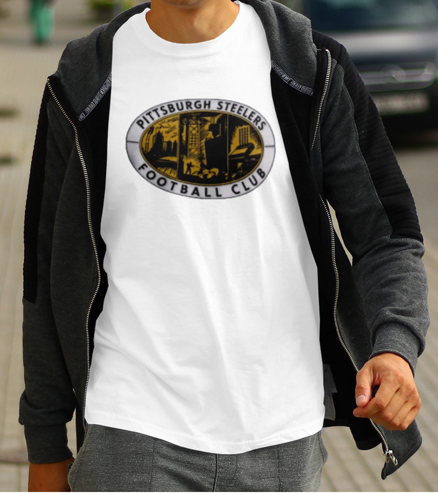 Pittsburgh Steelers Football Club Distressed Oval Emblem Cityscape T-Shirt