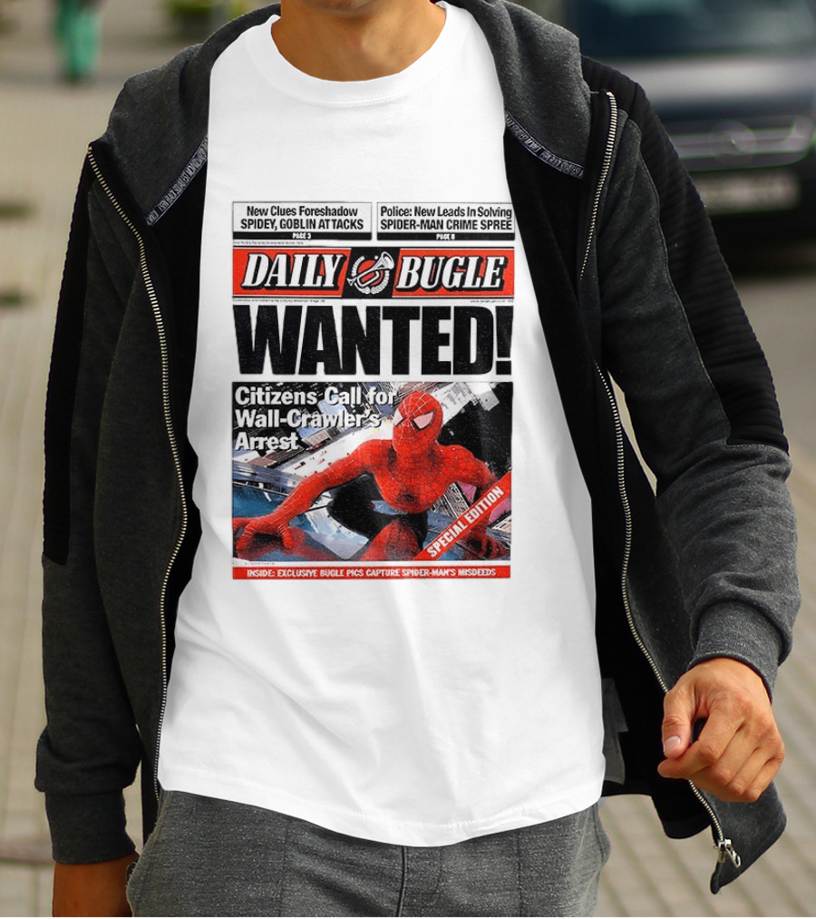 Daily Bugle Wanted Citizens Call Wall Crawler's Arrest Special Edition Spiderman Goblin Police Crime Spree T-Shirt