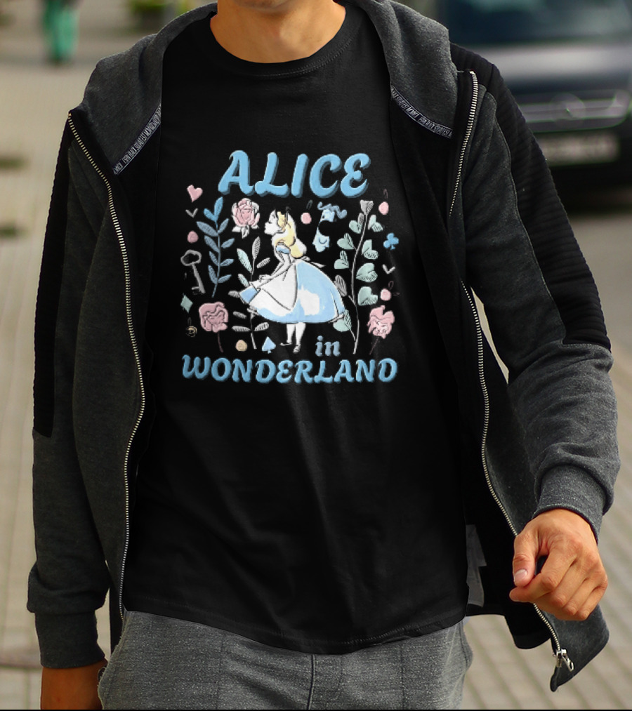 Alice In Wonderland Floral Wonderland With Alice Smelling Flowers T-Shirt