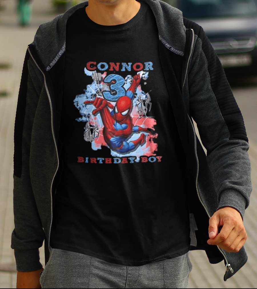 Connor 3 Birthday Boy Spider Man Web Slinging Cartoon T-Shirt