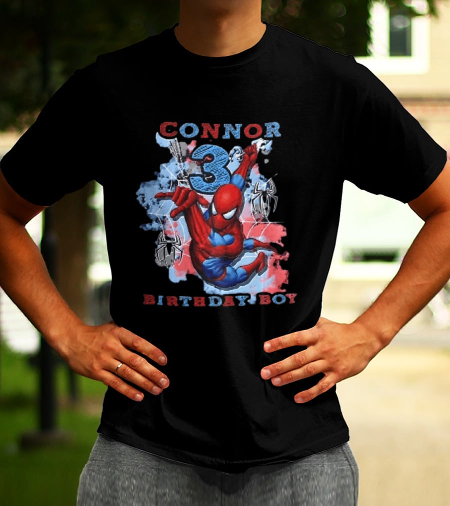 Connor 3 Birthday Boy Spider Man Web Slinging Cartoon T-Shirt