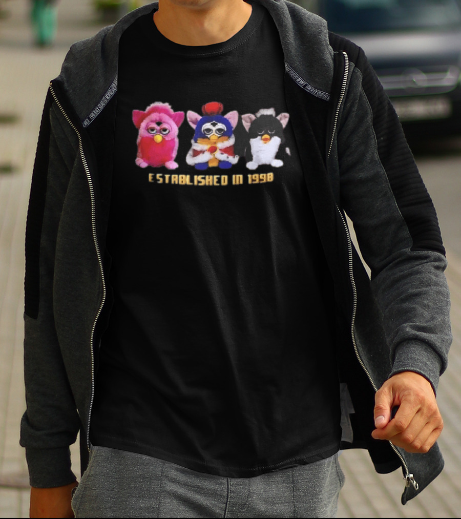 Established In 1998 Three Furby Plush Toys With Crown T-Shirt