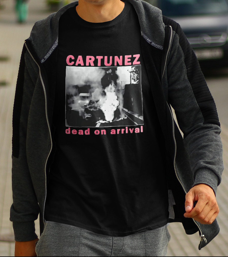 CARTUNEZ Dead On Arrival Burning Car Smoke Fire Street Scene T-Shirt