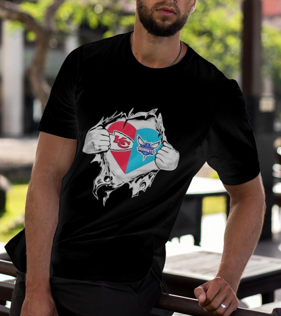 Kansas City Chiefs Charlotte Hornets Heart Hands Ripping Open T-Shirt