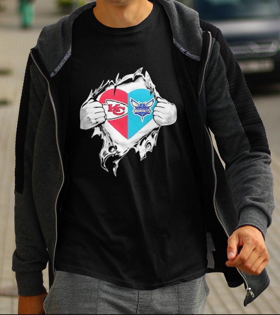 Kansas City Chiefs Charlotte Hornets Heart Hands Ripping Open T-Shirt