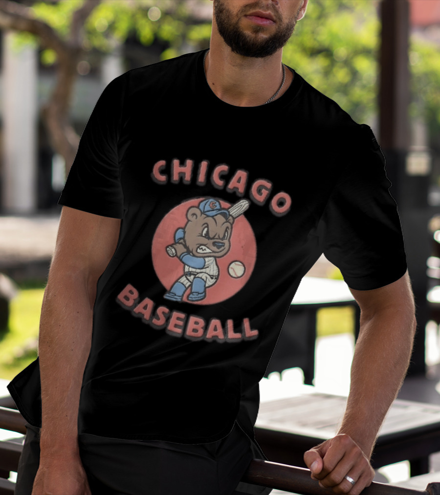 Chicago Cubs Baseball Bear Swinging Bat Cartoon T-Shirt