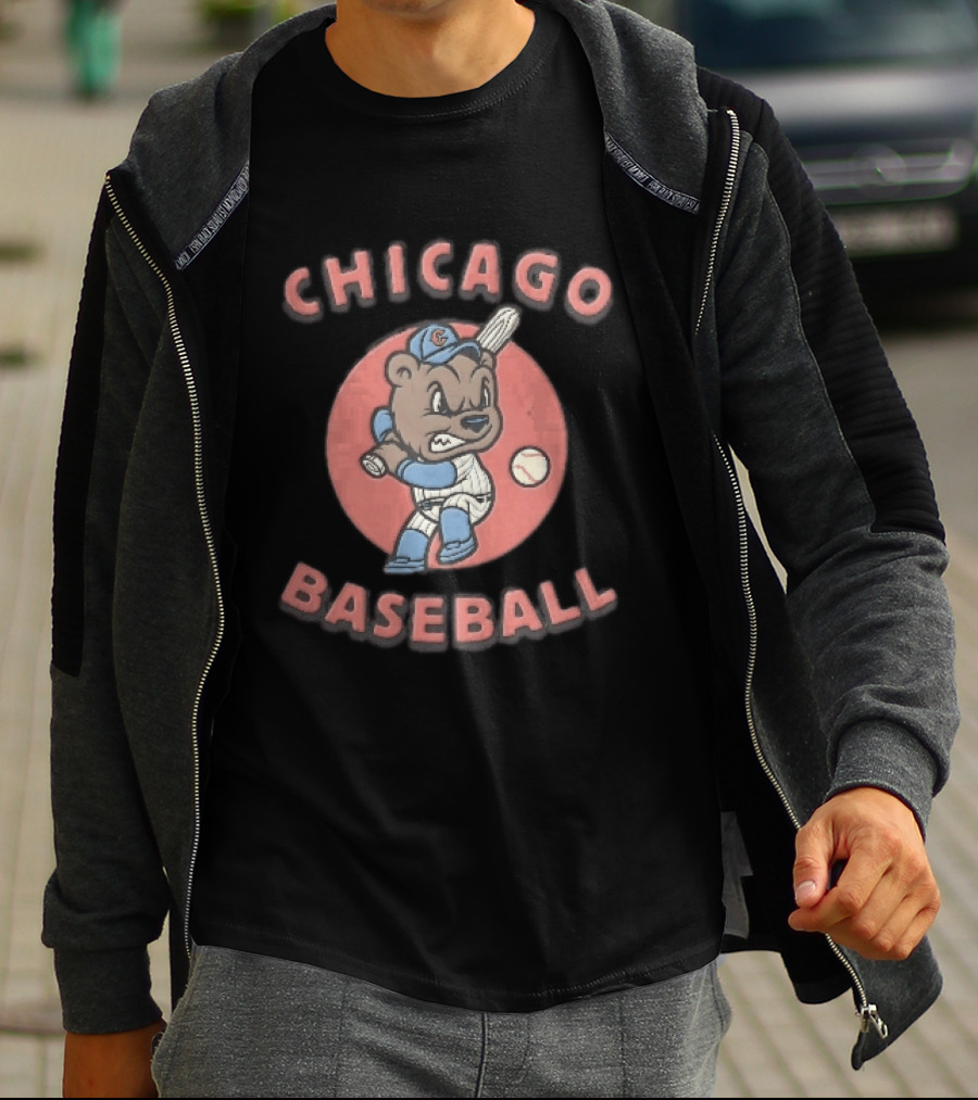 Chicago Cubs Baseball Bear Swinging Bat Cartoon T-Shirt