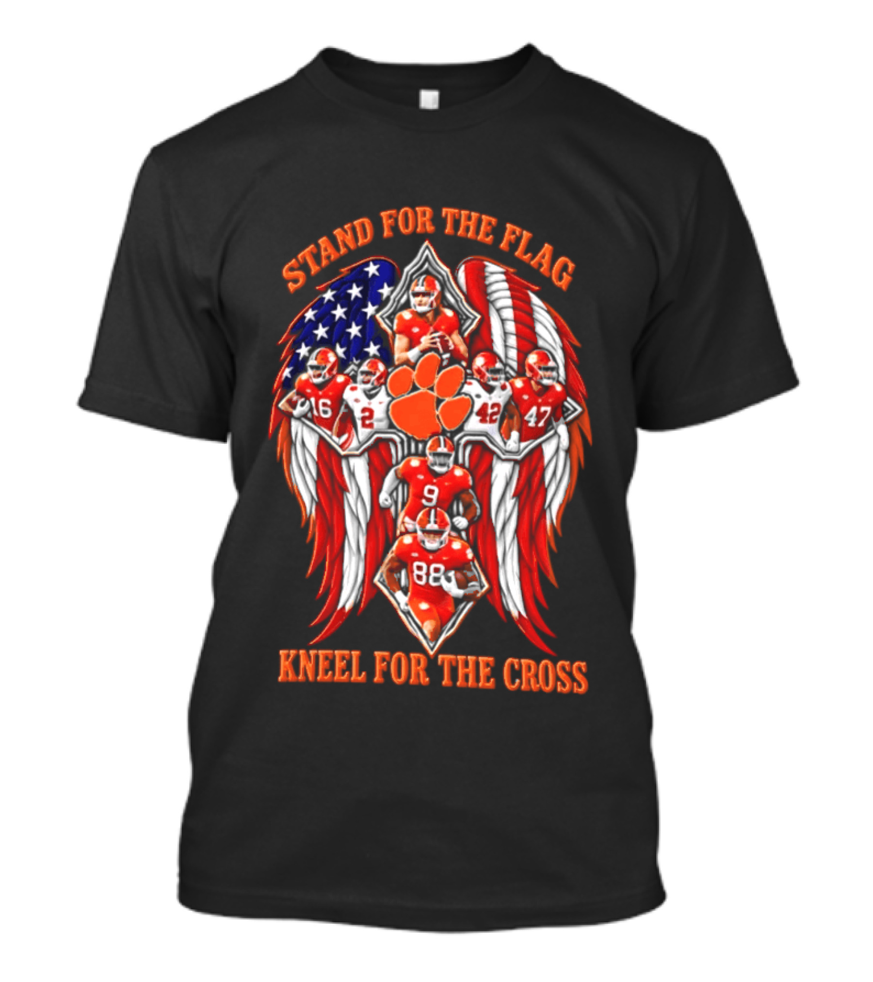Clemson Tigers Stand For The Flag Kneel For The Cross 2026 American Flag Football Paw T-Shirt
