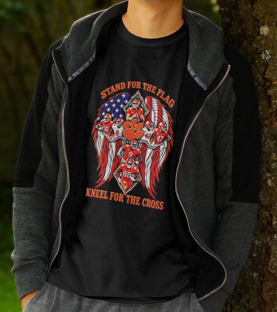 Clemson Tigers Stand For The Flag Kneel For The Cross 2026 American Flag Football Paw T-Shirt