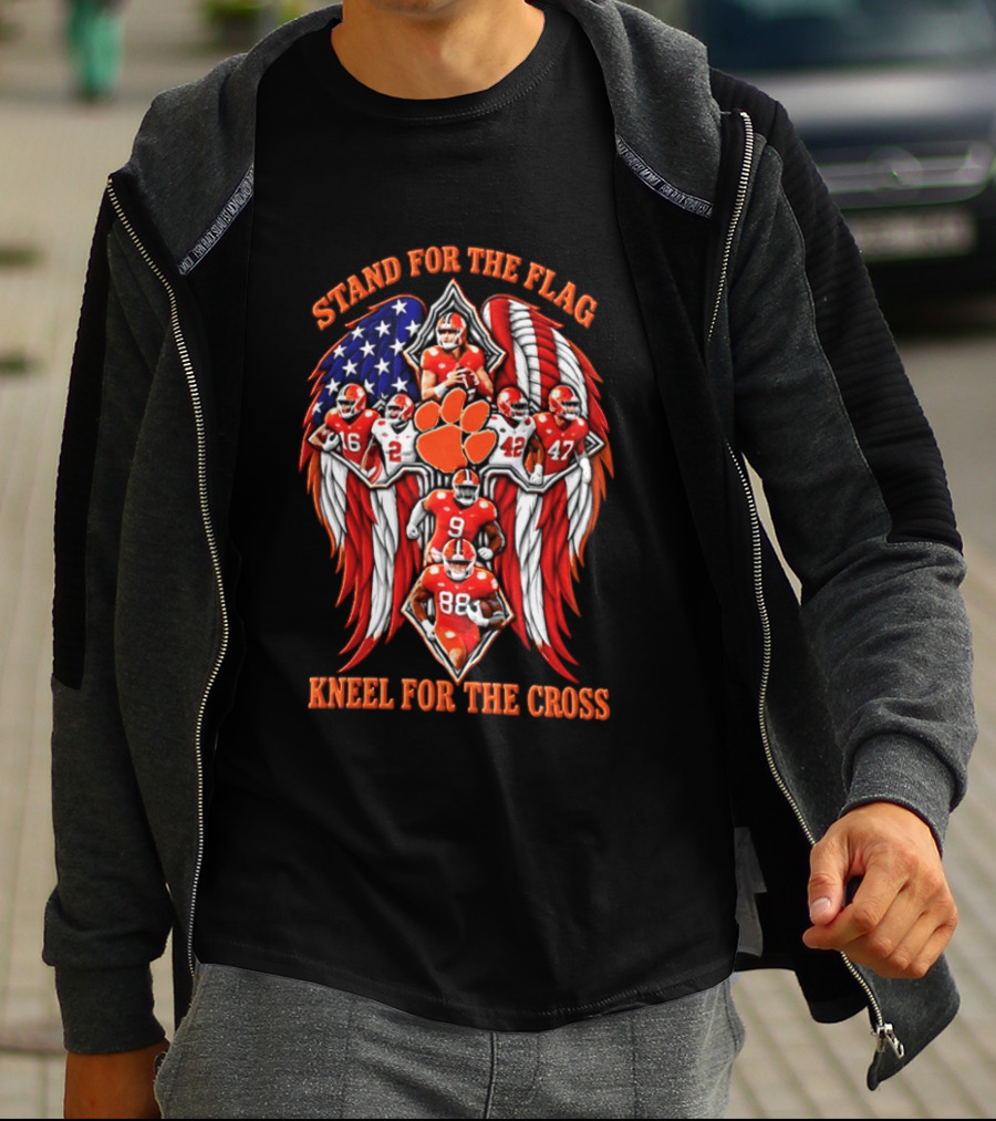 Clemson Tigers Stand For The Flag Kneel For The Cross 2026 American Flag Football Paw T-Shirt
