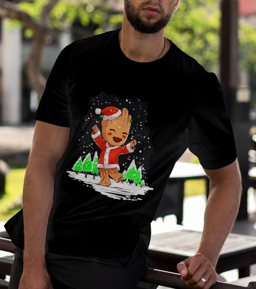 Dancing Santa Groot Christmas Trees Snow Scene T-Shirt