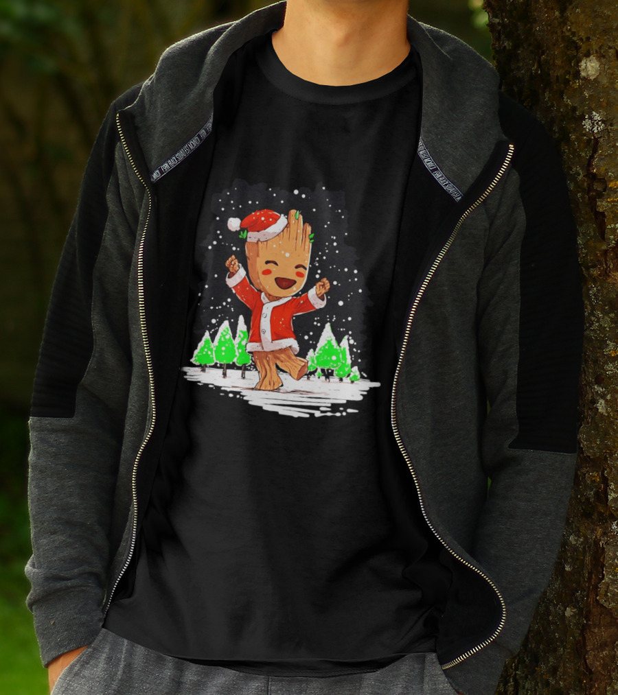 Dancing Santa Groot Christmas Trees Snow Scene T-Shirt