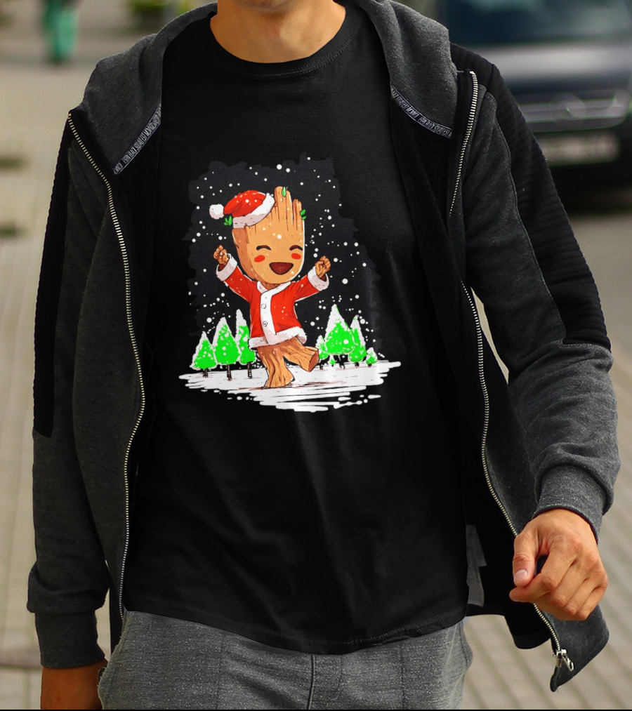 Dancing Santa Groot Christmas Trees Snow Scene T-Shirt