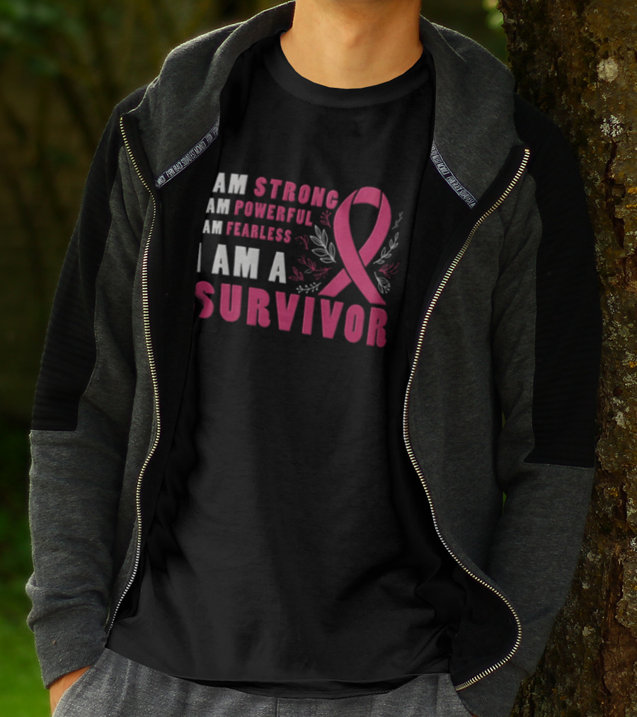 I Am Strong Powerful Fearless I Am A Survivor Breast Cancer Ribbon T-Shirt