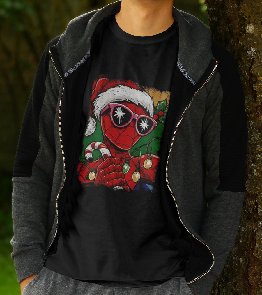 Marvel Spider Man Christmas Santa Candy Cane Festive Lights T-Shirt