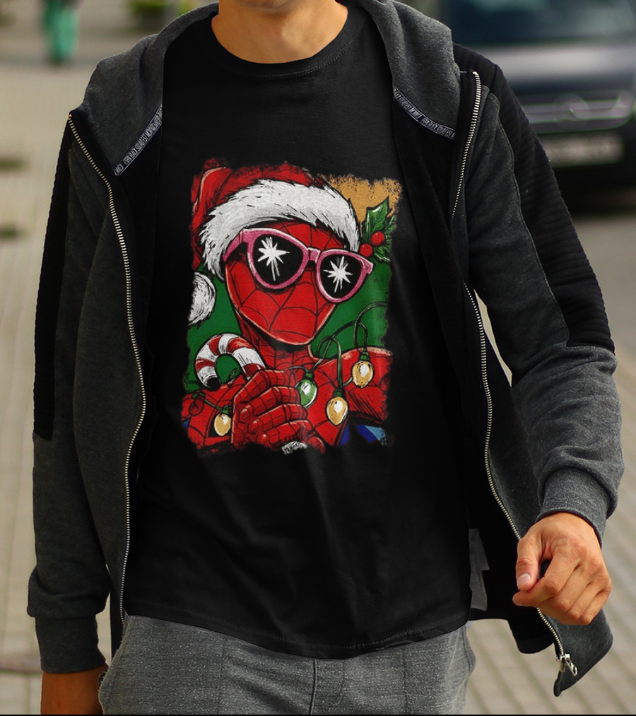 Marvel Spider Man Christmas Santa Candy Cane Festive Lights T-Shirt