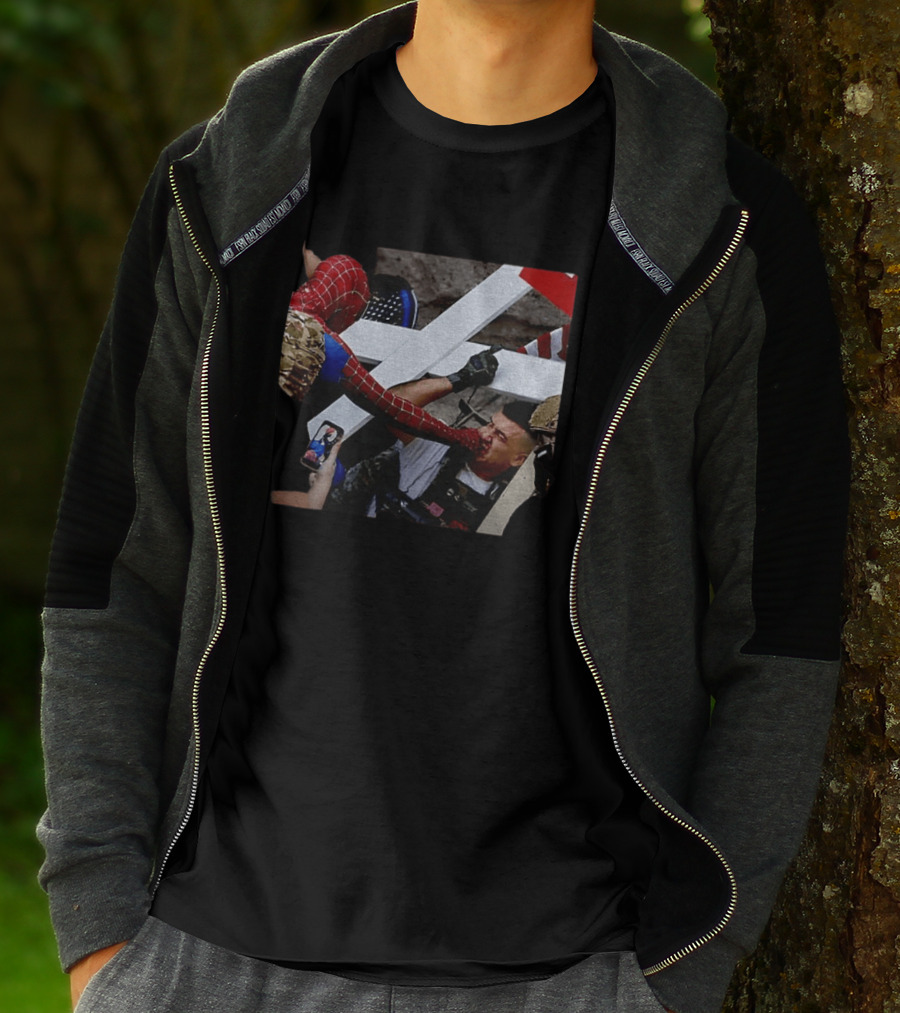 Minneapolis Spider Man Punching Protest Collage With American Flag And Cross T-Shirt