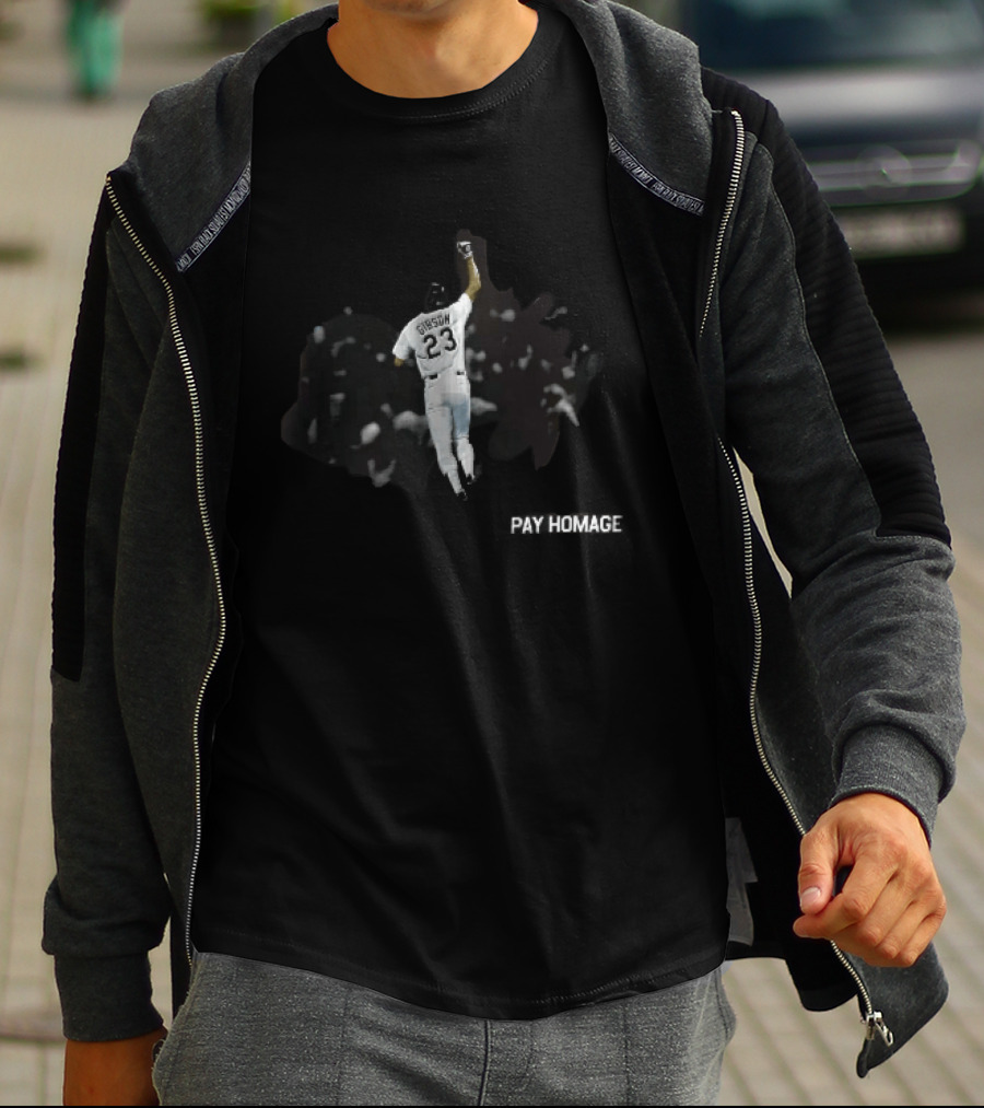 Pay Homage Gibson 23 Baseball Player Fist Pump Back View T-Shirt