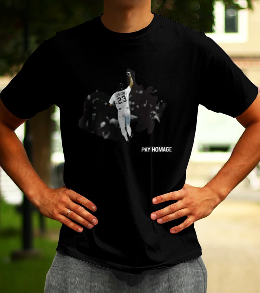 Pay Homage Gibson 23 Baseball Player Fist Pump Back View T-Shirt