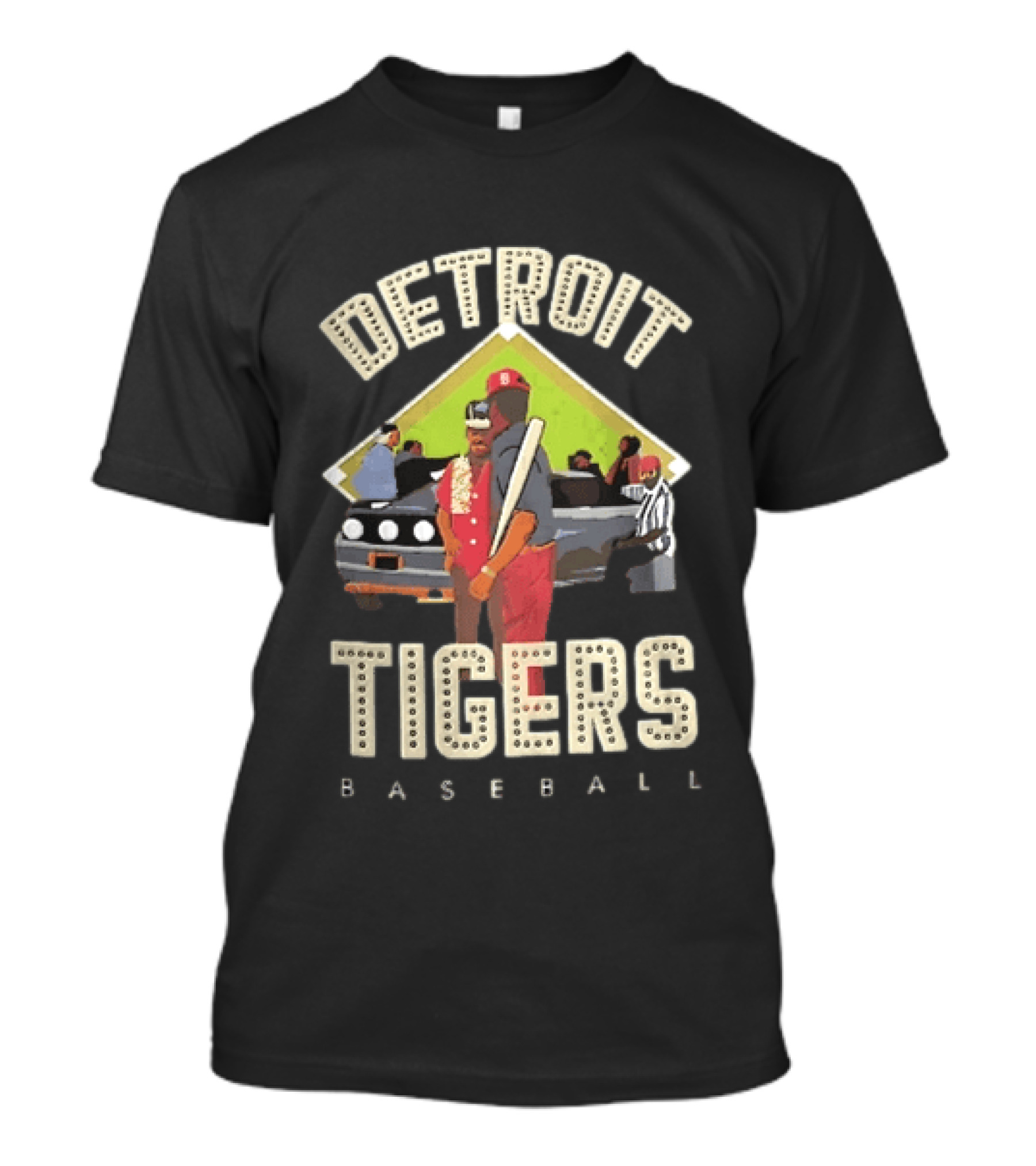 Detroit Tigers Baseball Figures Convertible Car And Bat Scene T-Shirt