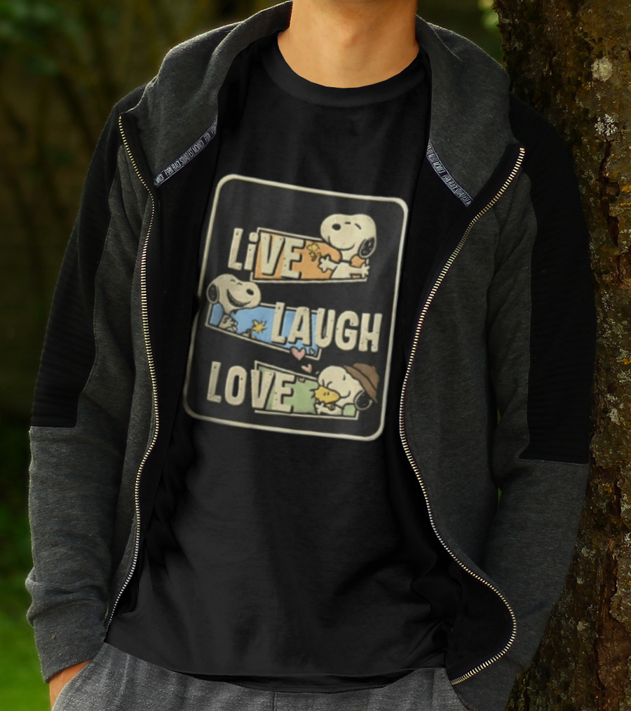 Live Laugh Love Peanuts Snoopy Woodstock Hugging Panels T-Shirt