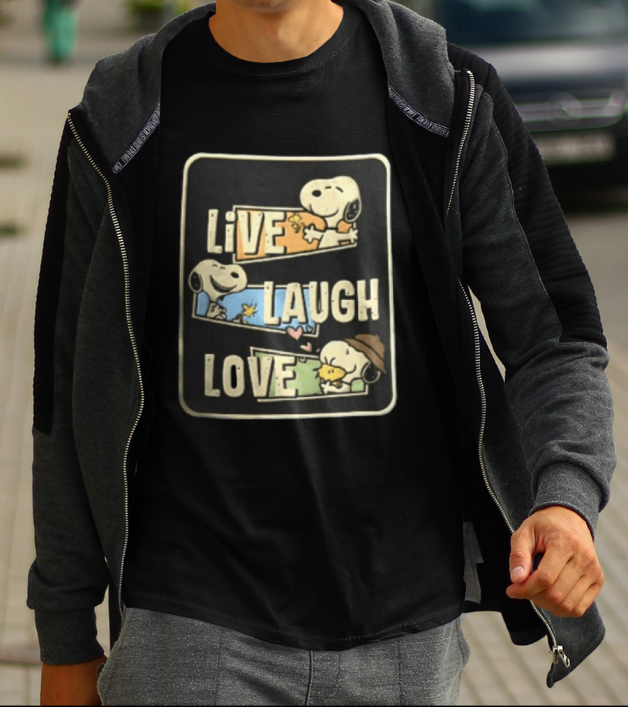 Live Laugh Love Peanuts Snoopy Woodstock Hugging Panels T-Shirt