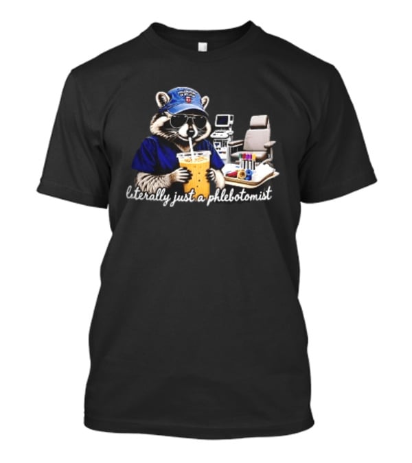 Raccoon Phlebotomist In Scrubs Sipping Drink With Blood Collection Tubes T-Shirt