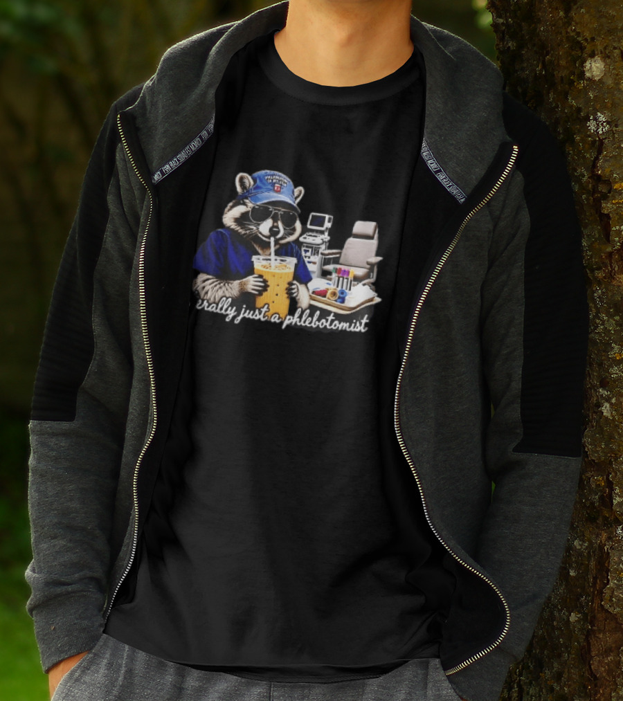 Raccoon Phlebotomist In Scrubs Sipping Drink With Blood Collection Tubes T-Shirt