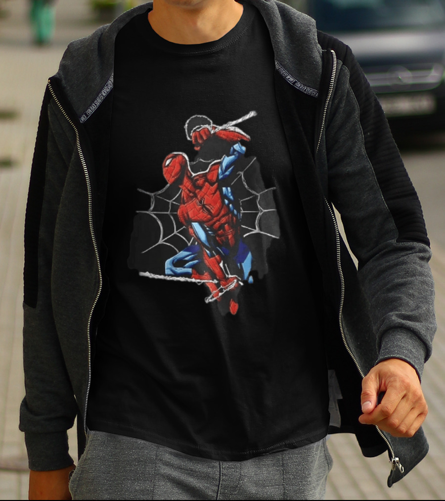 Spider Man Web Swinging Pose Comic Book Line Art Classic Marvel Superhero T-Shirt