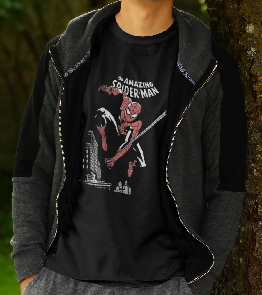 The Amazing Spider Man Swinging Above City Skyline T-Shirt