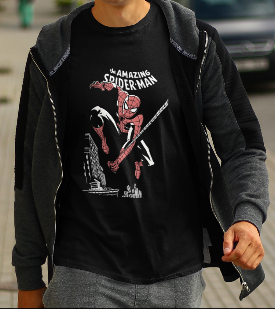 The Amazing Spider Man Swinging Above City Skyline T-Shirt