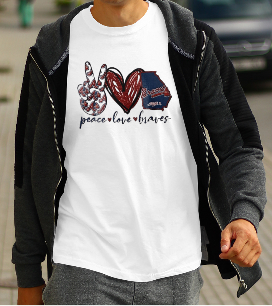 Peace Love Braves Hand Red Glitter Heart Georgia Map T-Shirt