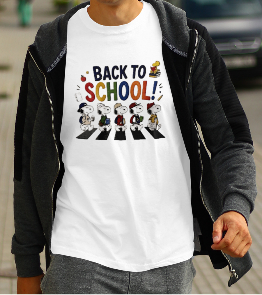 Back To School Snoopy Characters Walking Abbey Road With Woodstock Books T-Shirt
